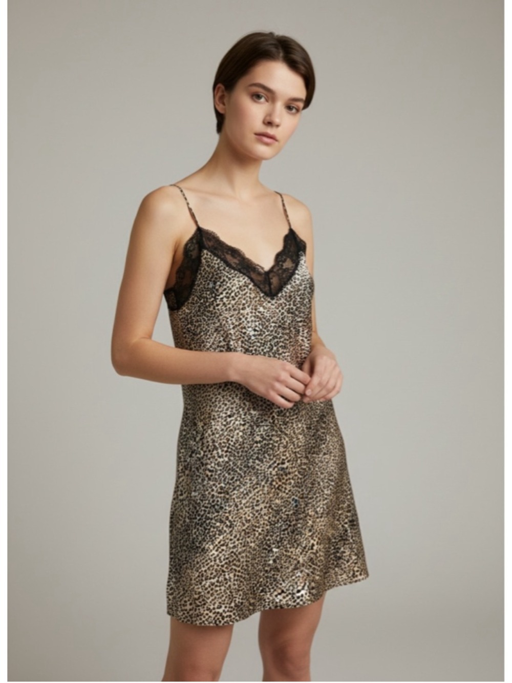 Intimate Essentials Leopard Print Lace Chemise Nightgown Slip Dress S